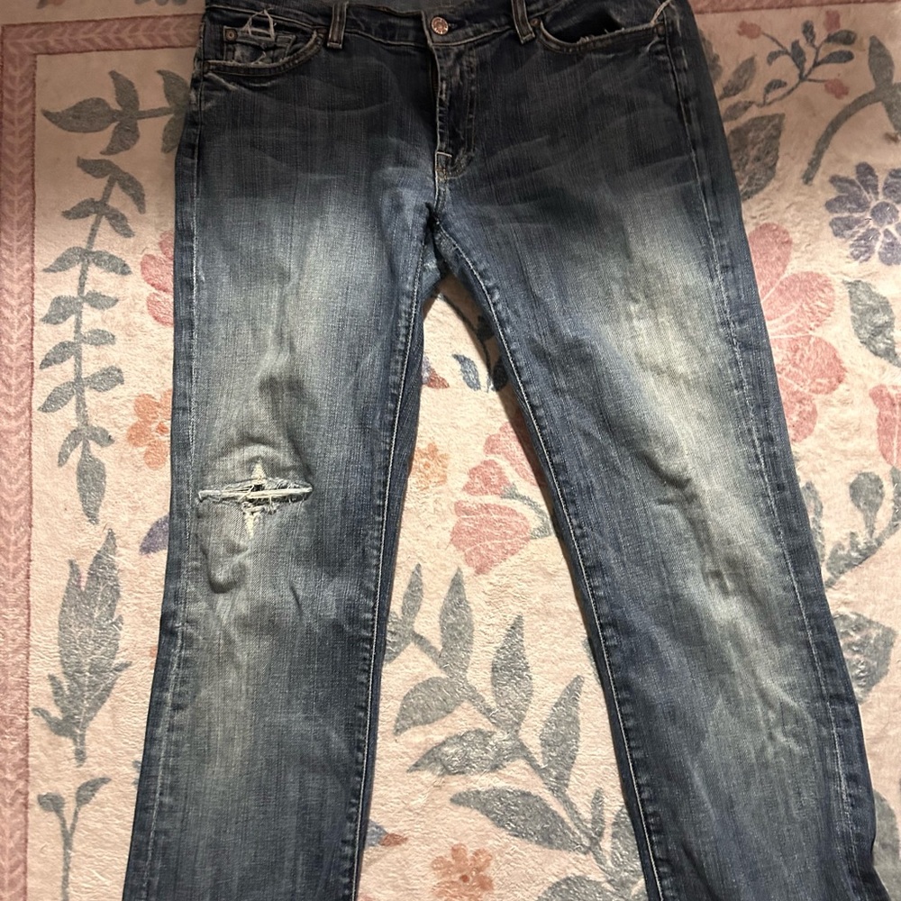 Distressed low rise 7 For All Mankind Blue Boot Cut Jeans